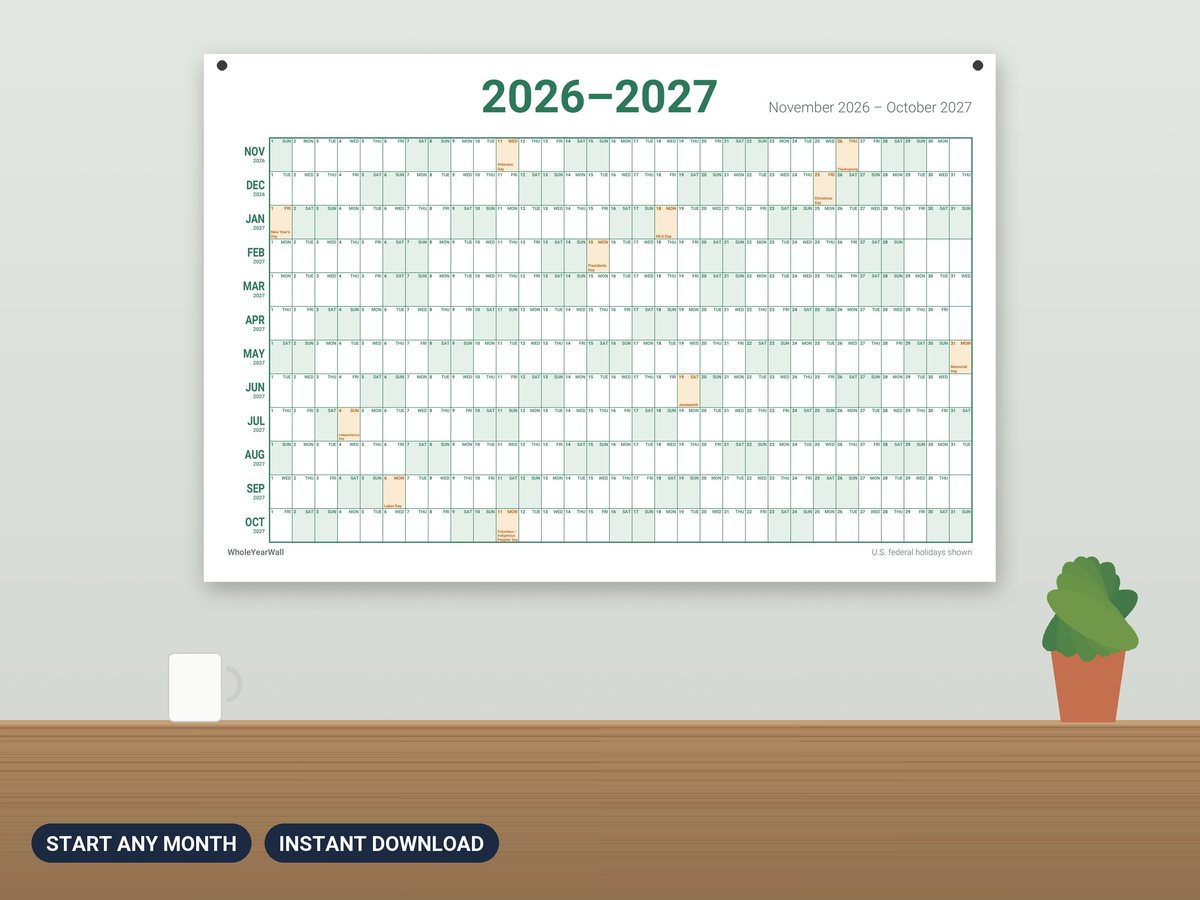 2026-2027 start any month printable wall calendar